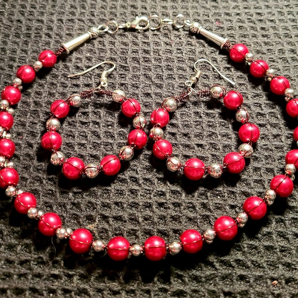 Matching red and silver choker and earrings